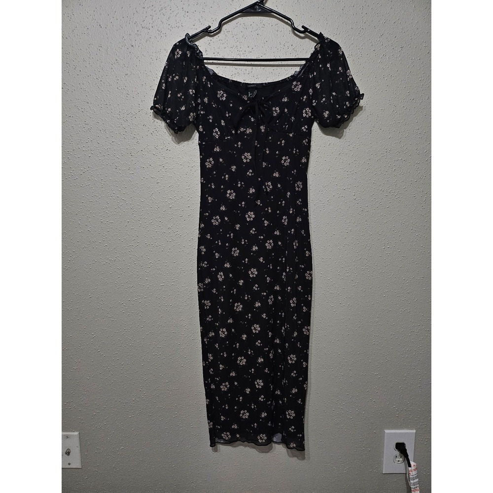 Forever 21 Black Floral Print Mesh Midi Dress Size Small‎